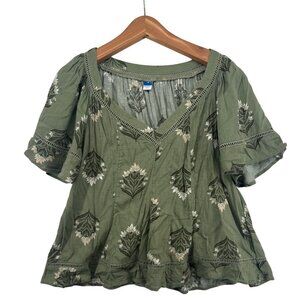 Old Navy Womens Top Sz M Forest Green Floral Fairy CottageCore Boho Flutter-Slv